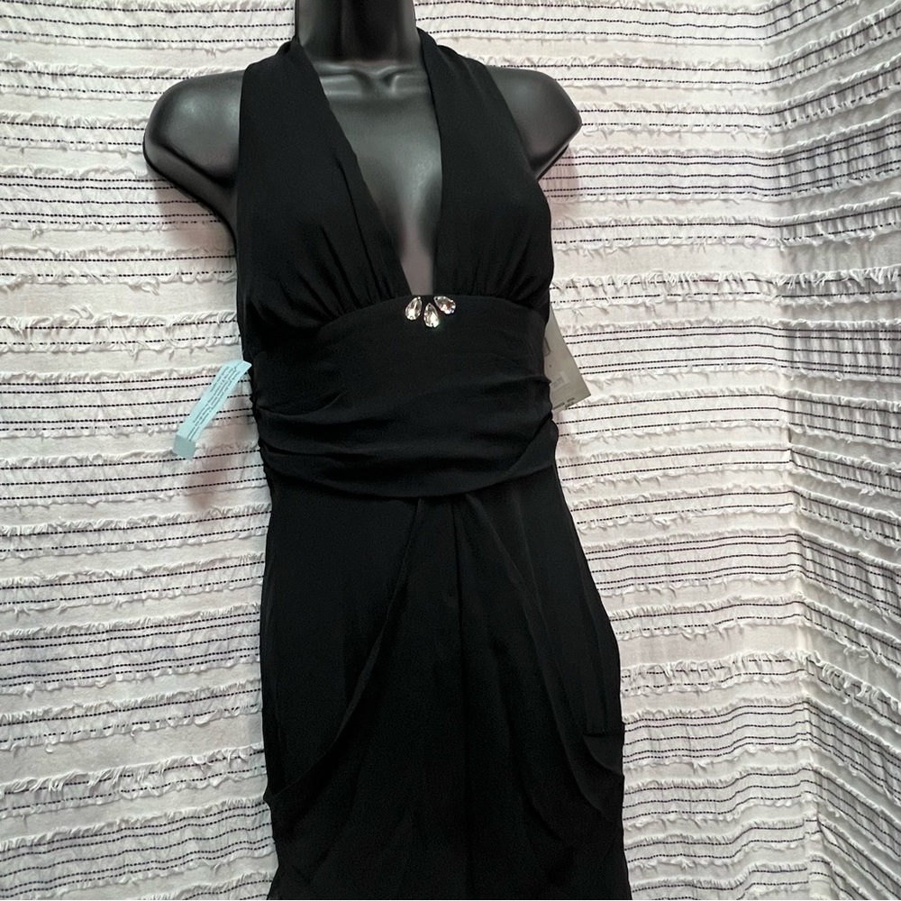 Nicole Miller Black 100% Silk Halter Maxi Dress Size 6 NWT Rhinestone Detail